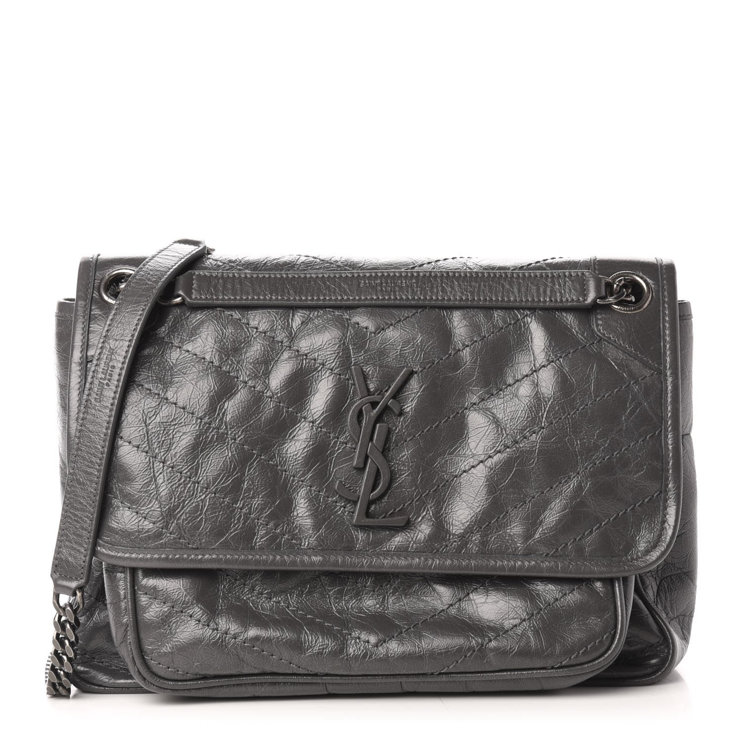 Saint Laurent Crinkled Calfskin Matelasse Monogram Medium Niki Chain Satchel Storm 1 of 14