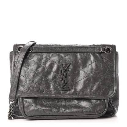 Saint Laurent Crinkled Calfskin Matelasse Monogram Medium Niki Chain Satchel Storm 1 of 14