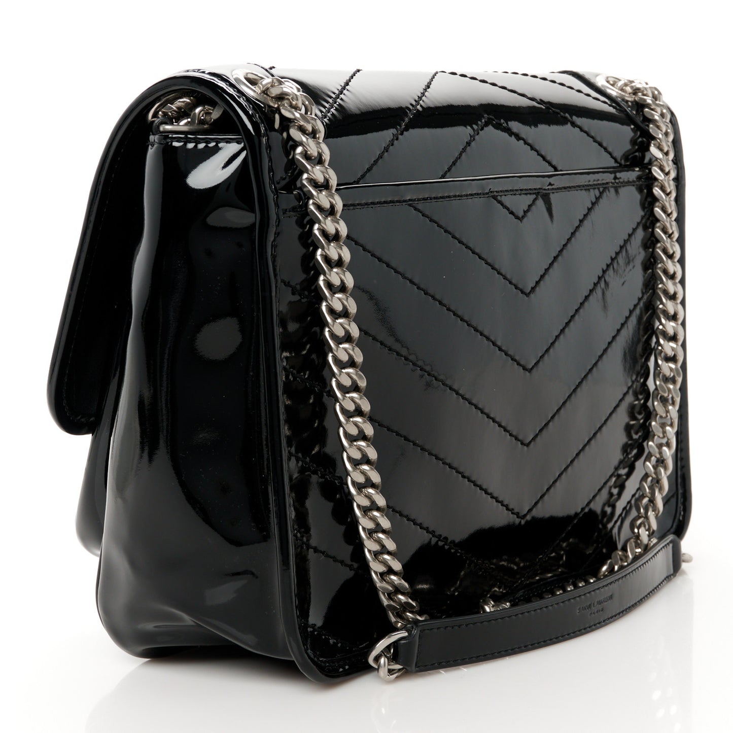 Patent Matelasse Monogram Medium Niki Chain Satchel Black