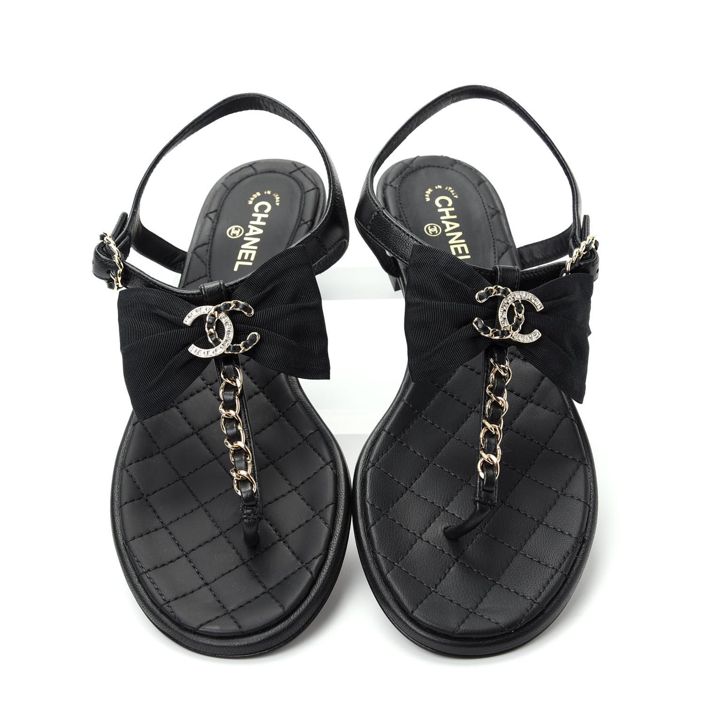 Lambskin Crystal Chain CC Logo Thong Sandals 35.5 Black