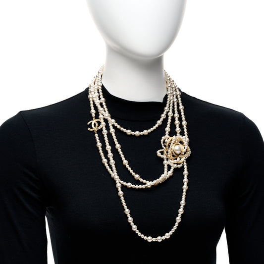 Pearl Crystal CC Camellia Multi Strand Necklace Gold White