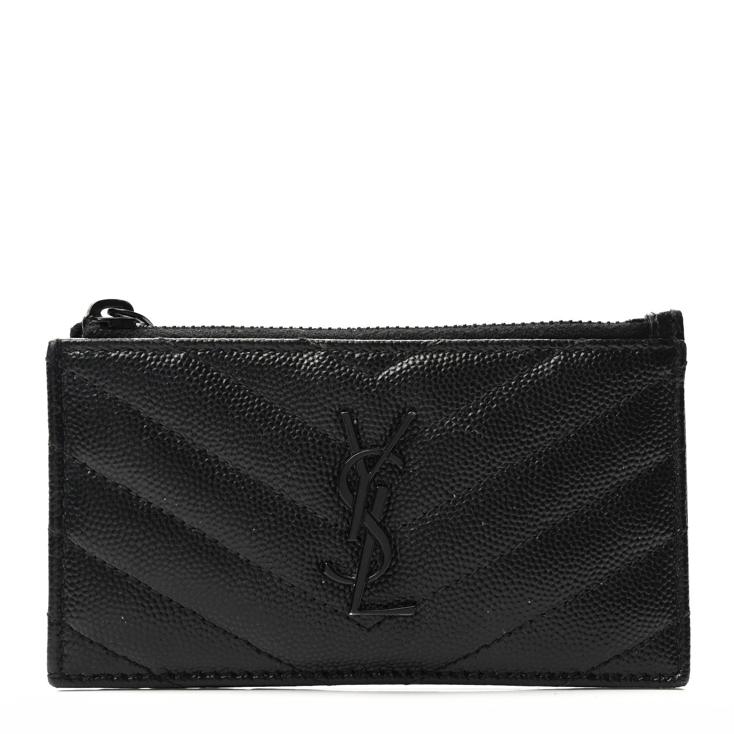 Saint Laurent Grain De Poudre Matelasse Chevron Monogram Fragments Zippered Card Case Black 1 of 7
