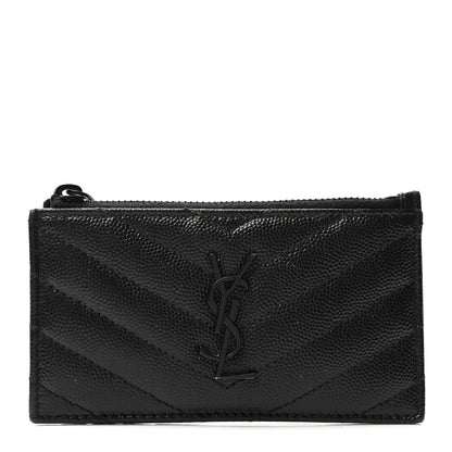 Saint Laurent Grain De Poudre Matelasse Chevron Monogram Fragments Zippered Card Case Black 1 of 7