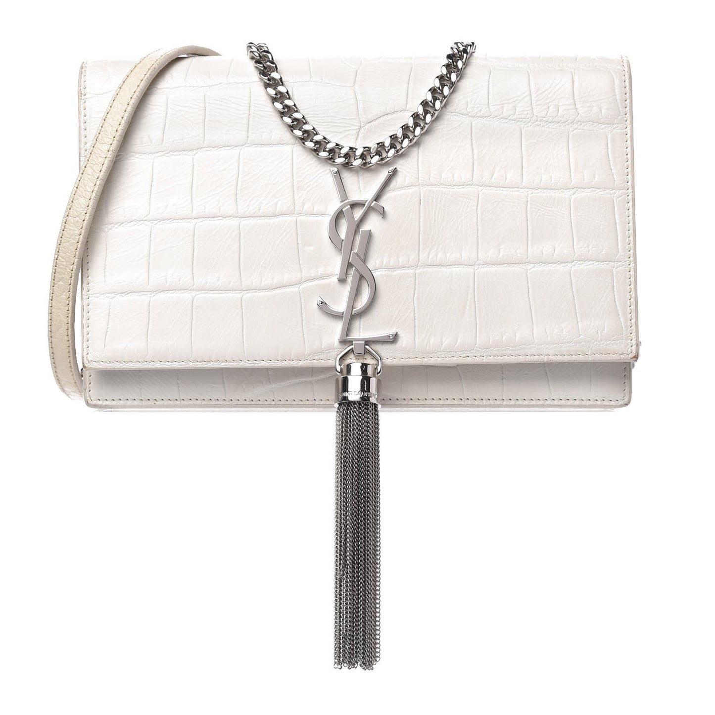 Calfskin Crocodile Embossed Kate Monogram Tassel Chain Wallet Crema Soft