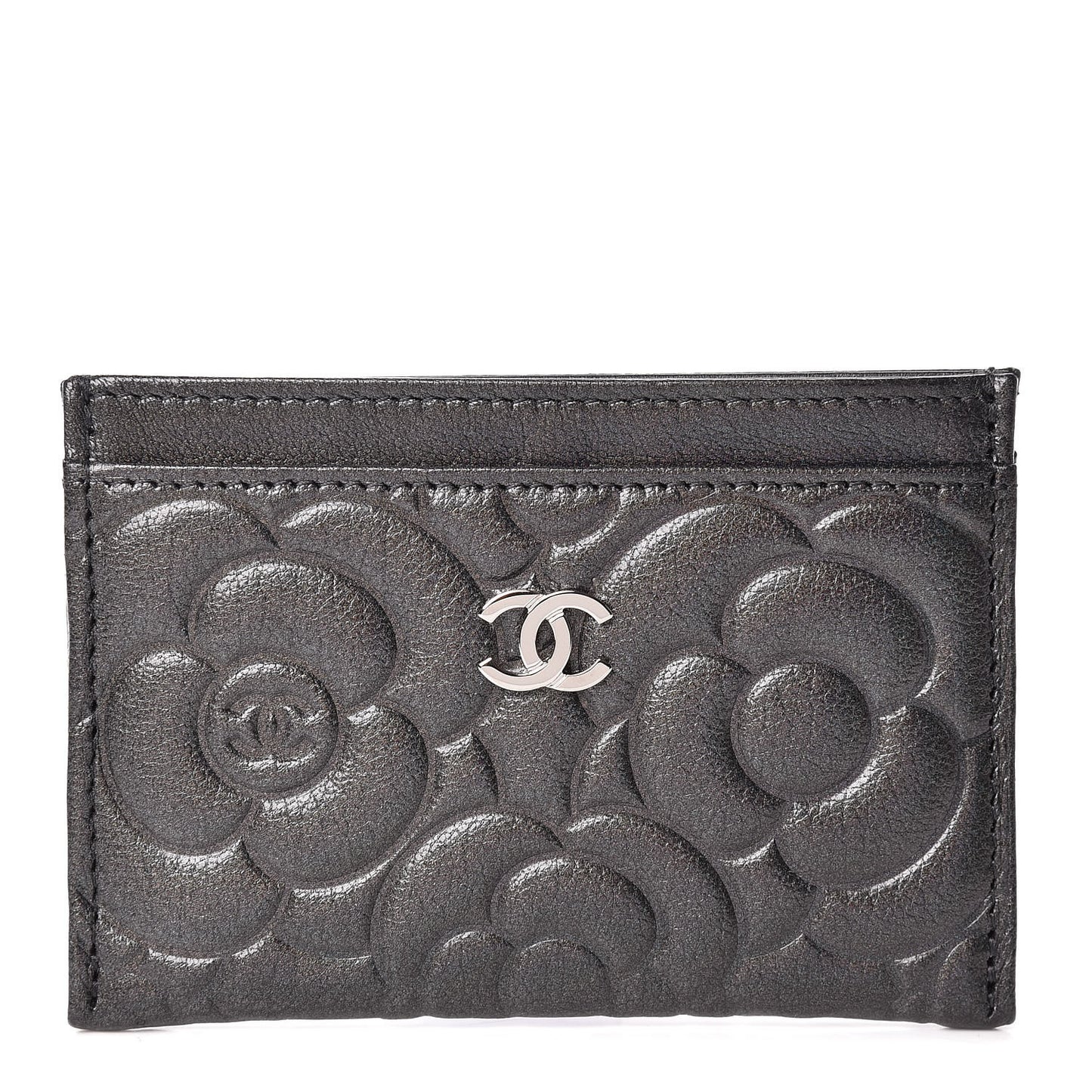 Goatskin Camellia Embossed Card Holder Anthracite