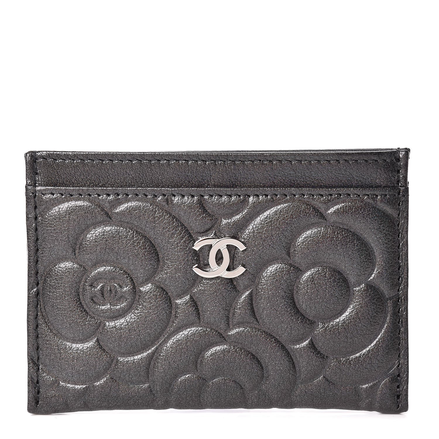 Chanel Goatskin Camellia Embossed Card Holder Anthracite 1 of 9