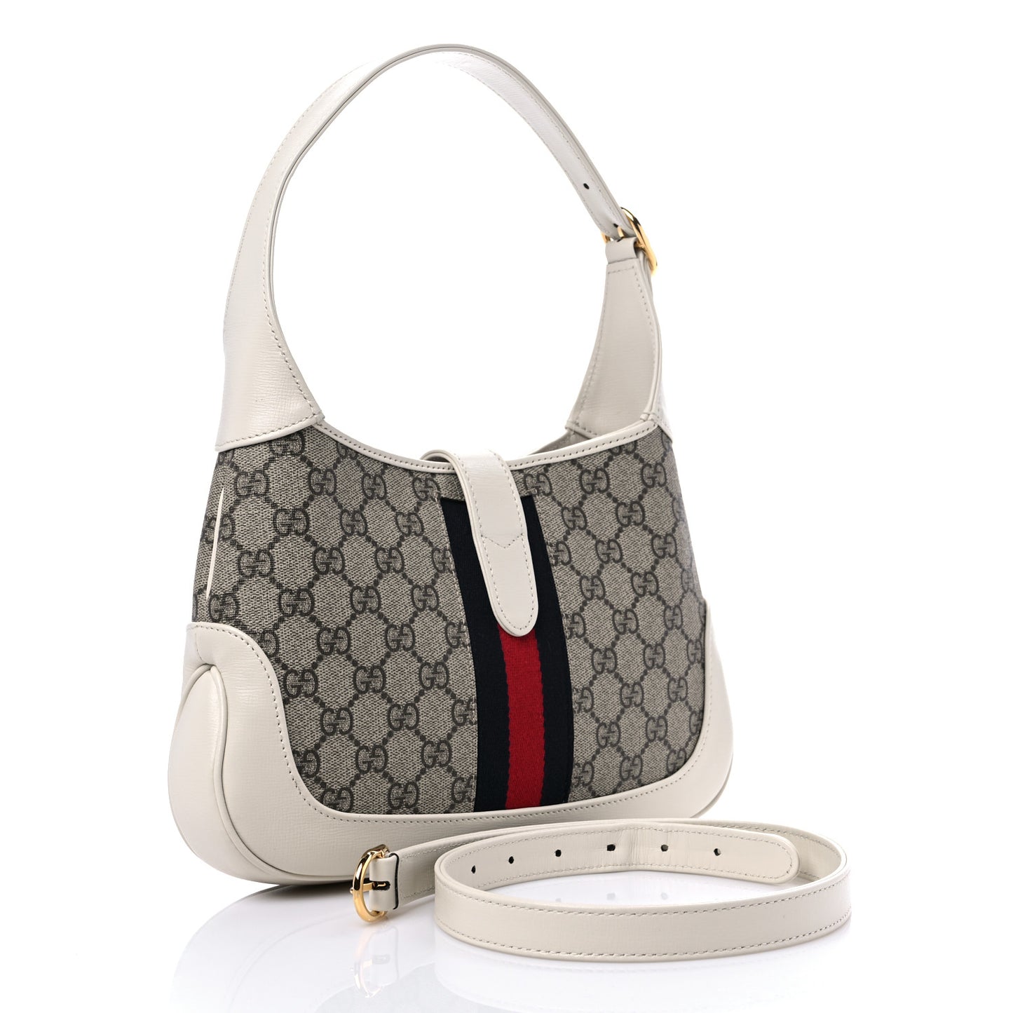 GG Supreme Monogram Azalea Calfskin Web Small Jackie 1961 Hobo Beige Ebony Mystic White