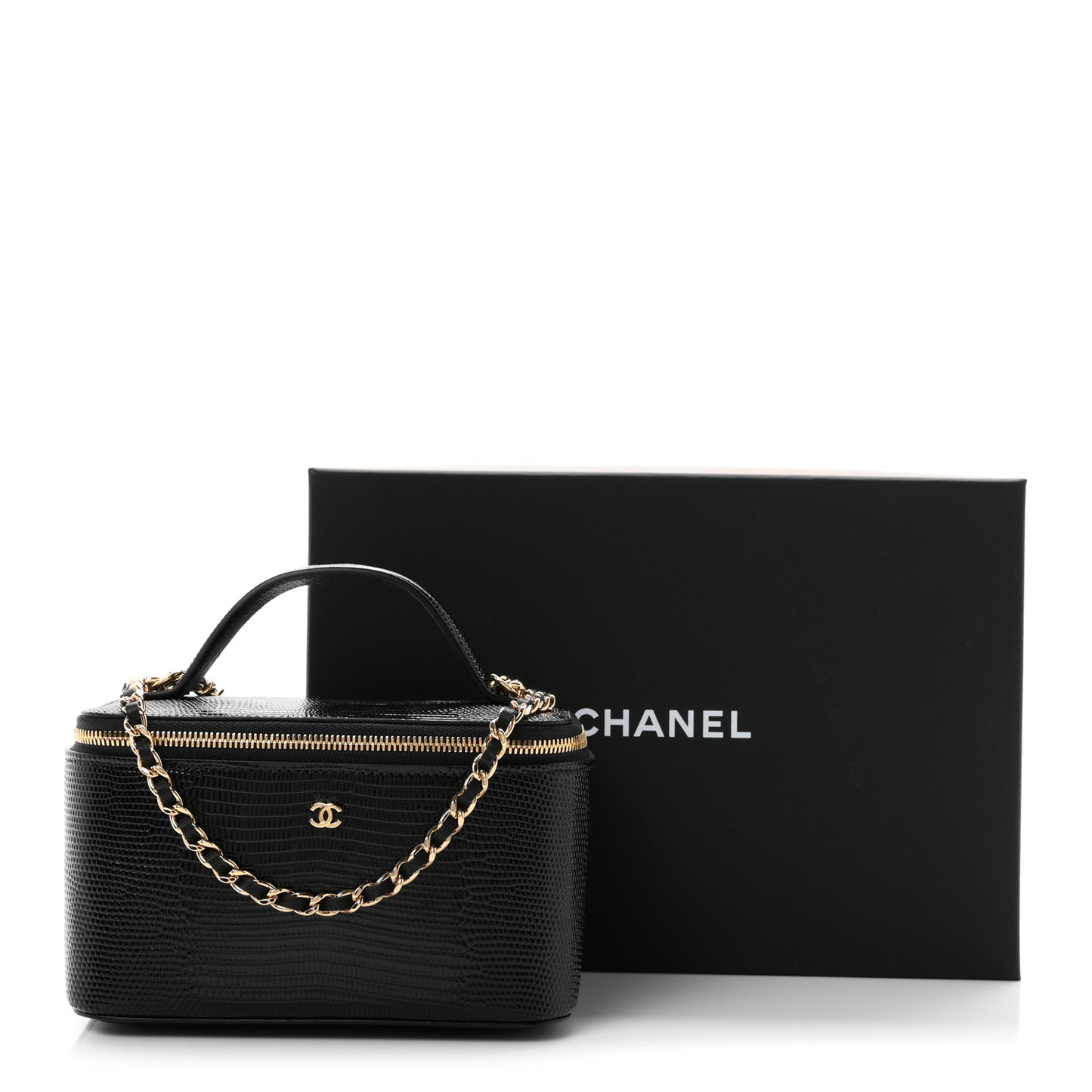 Calfskin Lizard Embossed Top Handle Vanity With Chain Black