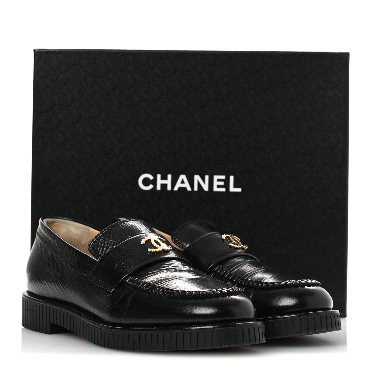 Chanel Shiny Crumpled Calfskin CC Mocassin Loafers 38.5 Black 12 of 12