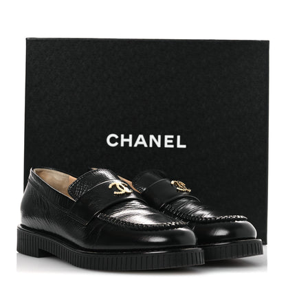 Chanel Shiny Crumpled Calfskin CC Mocassin Loafers 38.5 Black 12 of 12