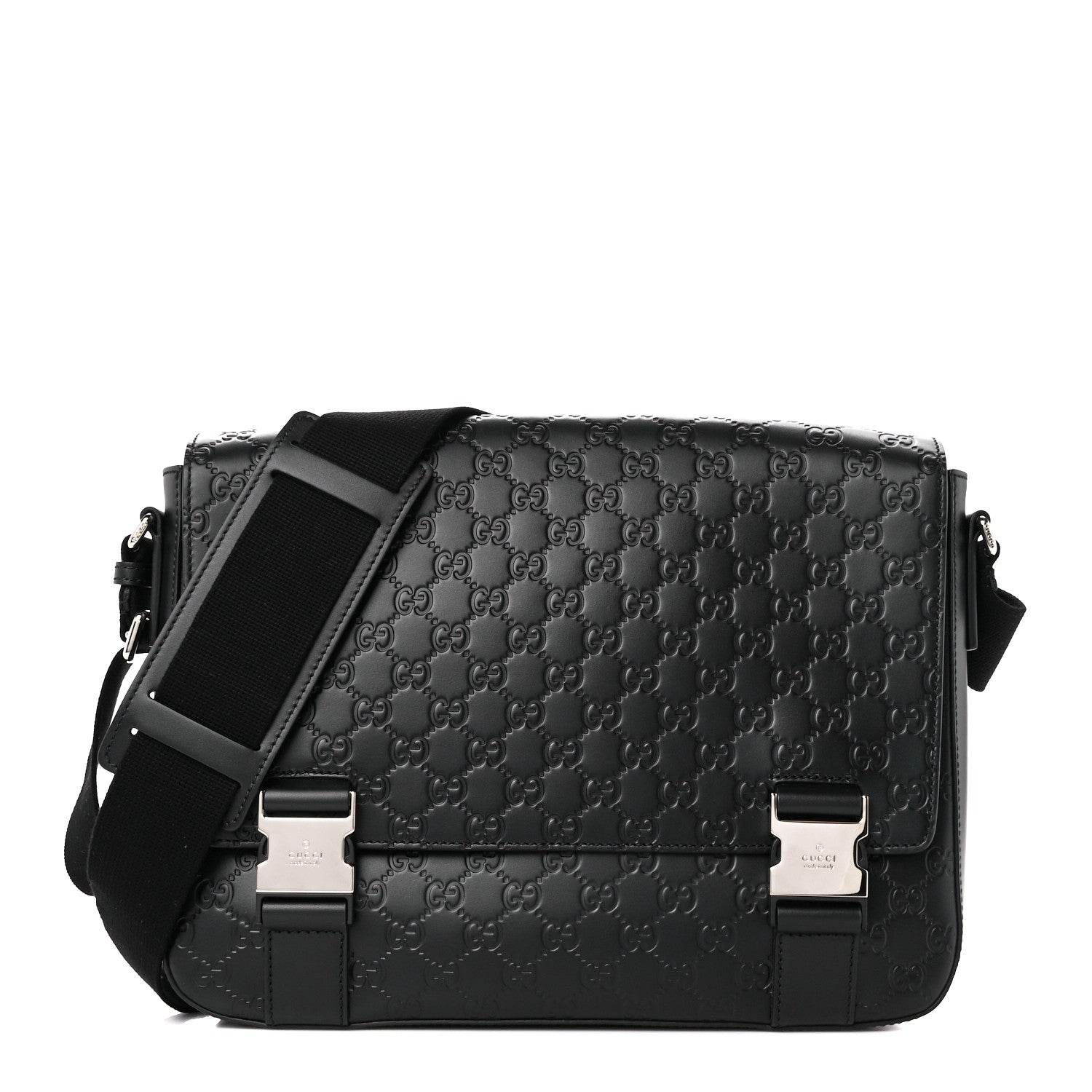 Gucci Guccissima Signature Medium Double Buckle Flap Messenger Bag Black 1 of 11