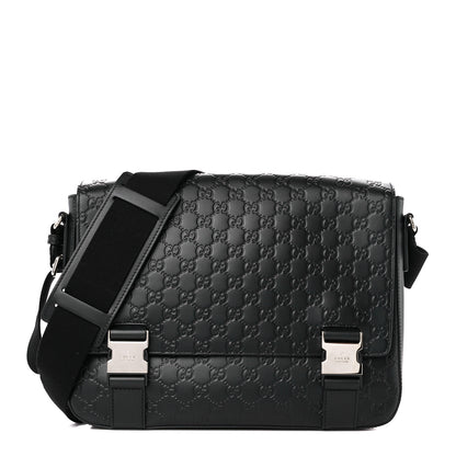 Gucci Guccissima Signature Medium Double Buckle Flap Messenger Bag Black 1 of 11
