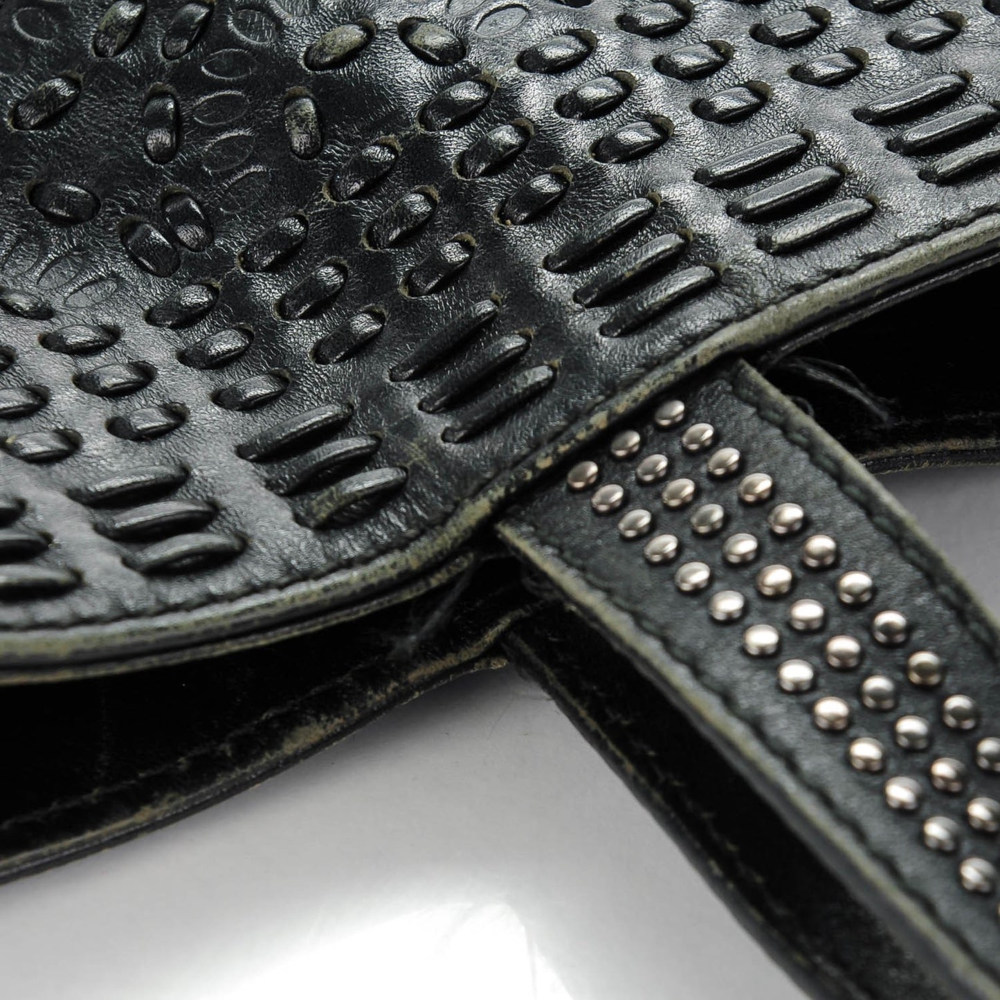 Calfskin Large Studded Drawstring Bucket Bag Black