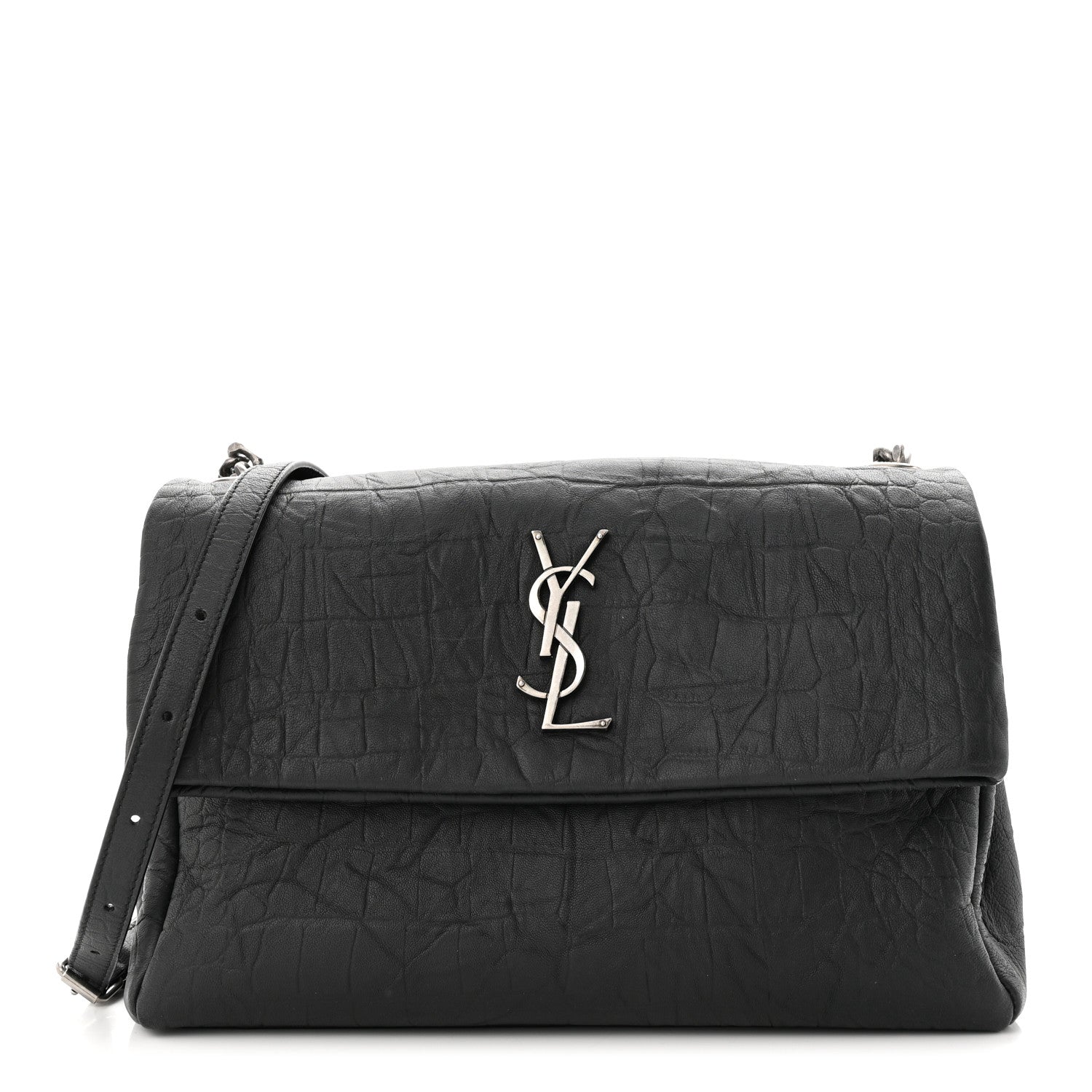 Saint Laurent Calfskin Crocodile Embossed Medium West Hollywood Monogram Fold-Over Grey 1 of 11