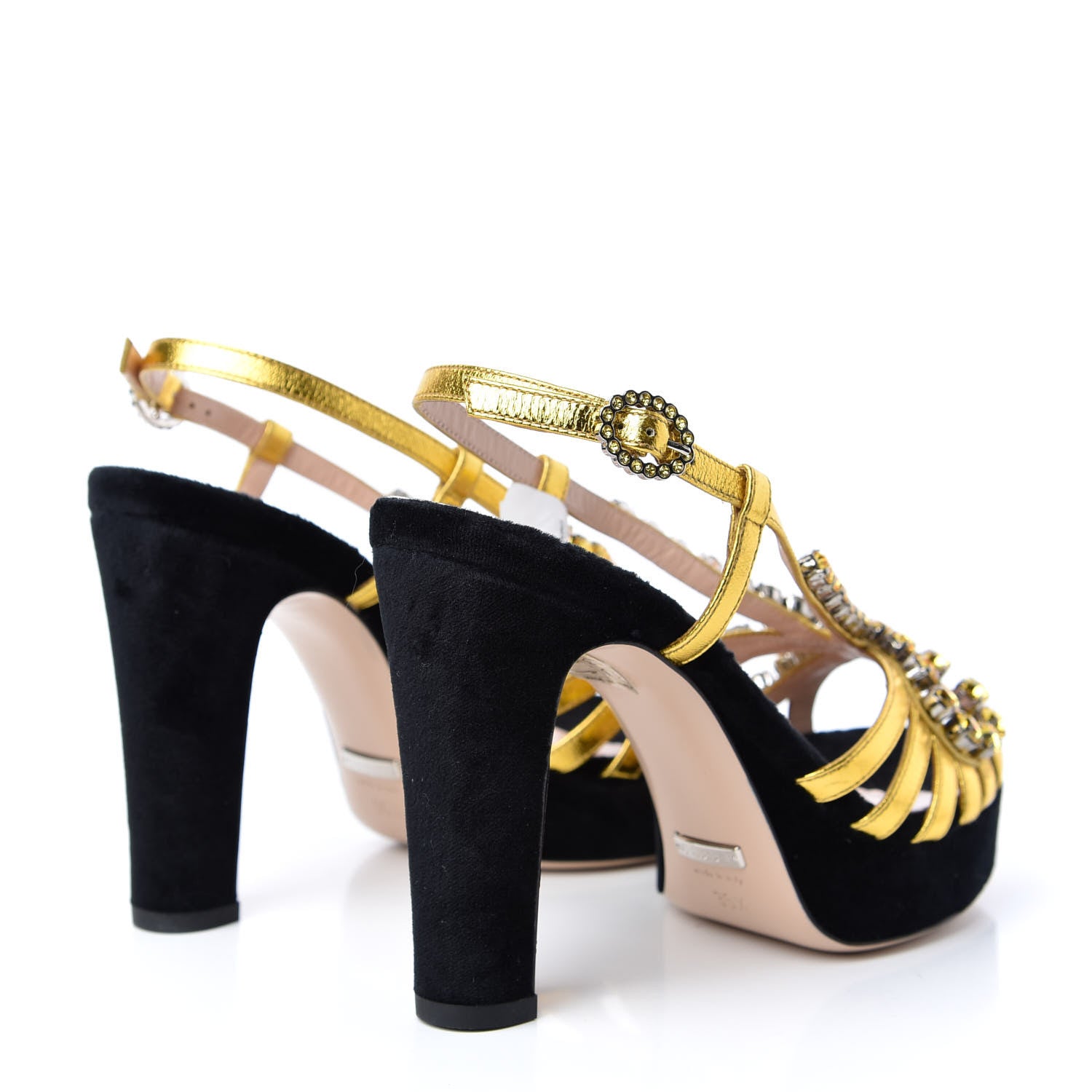 Gucci Velvet Nappa Crystal Zephyra Slingback Platform High Heel Sandals 35.5 Black Gold 4 of 10