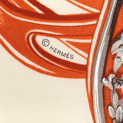 Hermes Silk Cashmere Brides De Gala Applique Pique Shawl 140 Orange White Roux 3 of 6