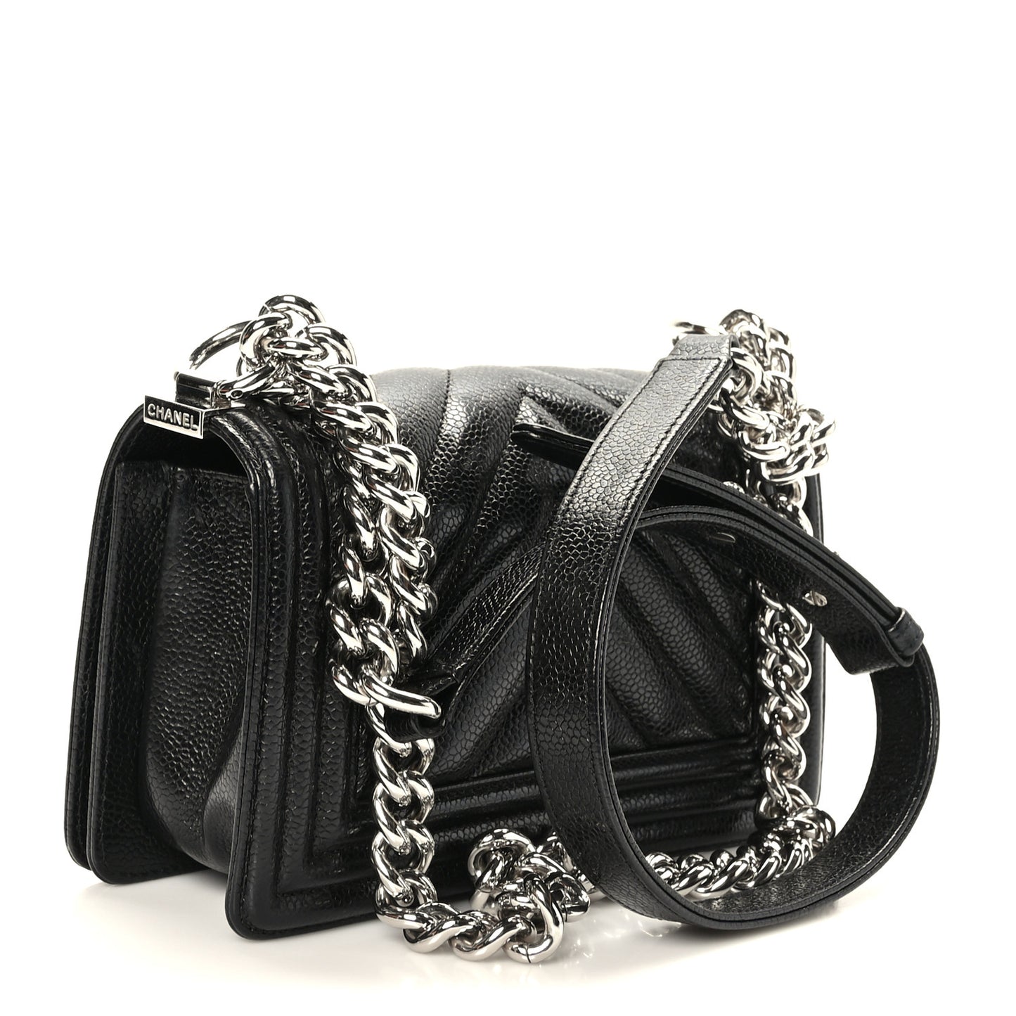 Iridescent Caviar Chevron Quilted Small Boy Flap Black