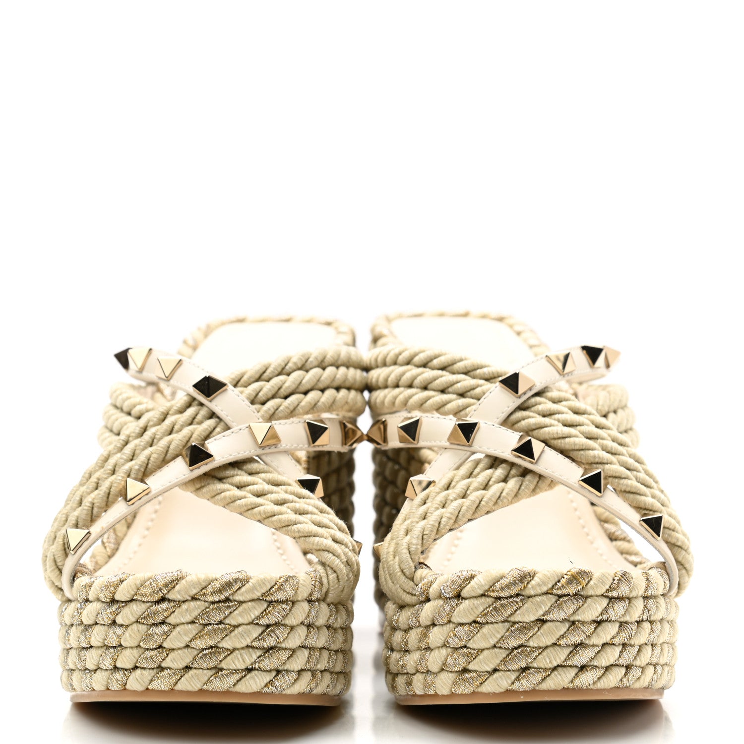 Valentino Garavani Calfskin Silk Rockstud Torchon Espadrille Wedge 25/95mm Slide Sandals 36 Light Ivory 2 of 9