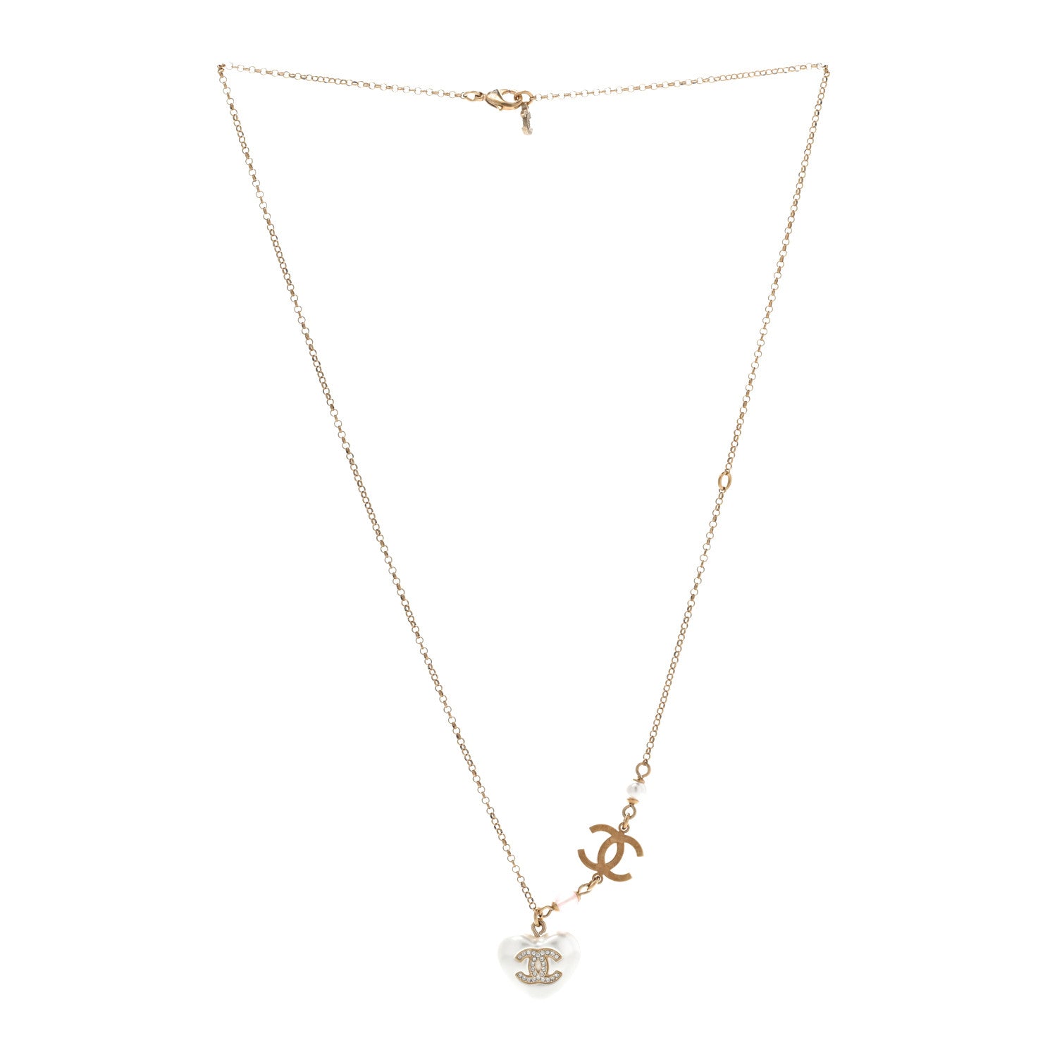 Chanel Resin Crystal CC Heart Necklace Pearly White Gold 3 of 7