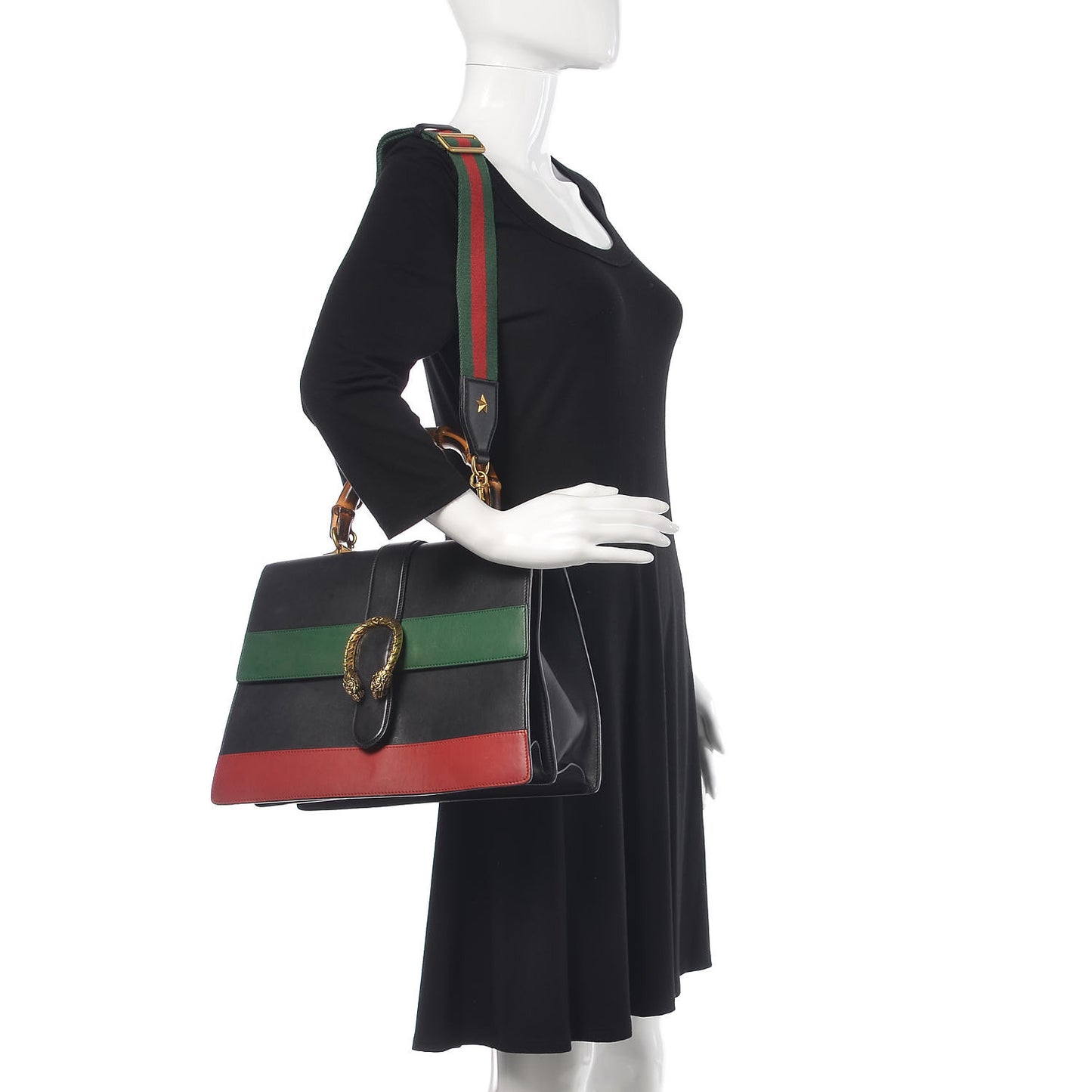 Calfskin Bamboo Web Large Dionysus Top Handle Bag Black Bright Evergreen Hibiscus Red