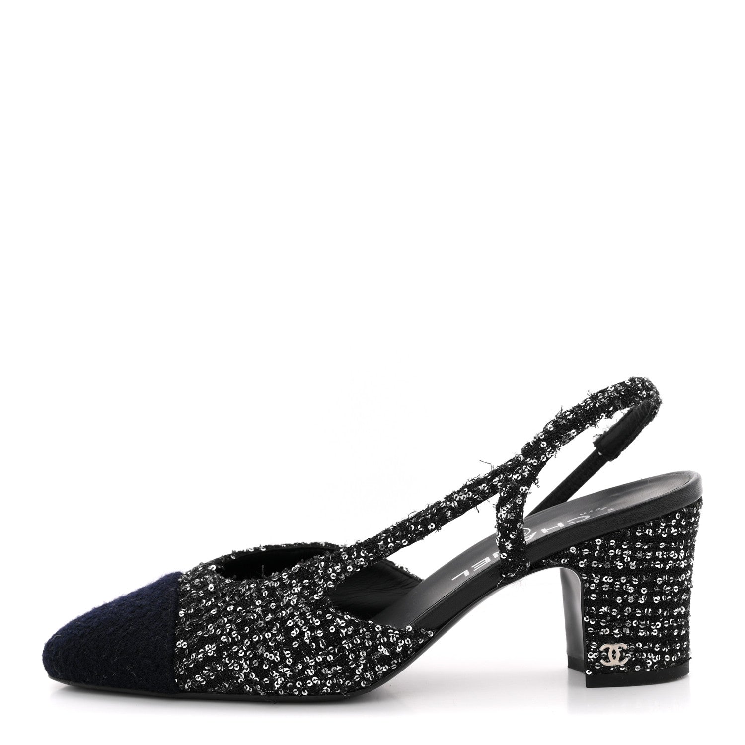 Chanel Tweed Sequin Cap Toe CC Slingback Pumps 38 Black White