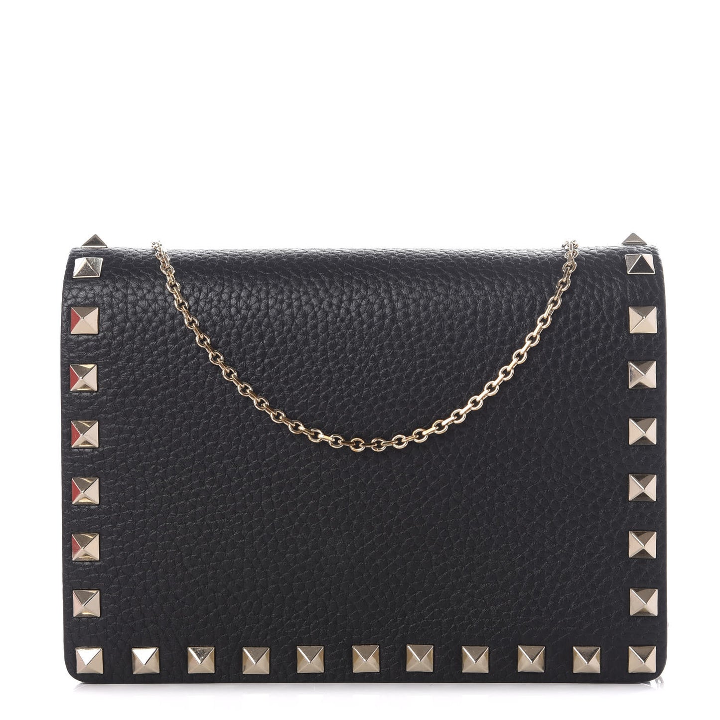 Pebbled Calfskin Rockstud Wallet on Chain Black