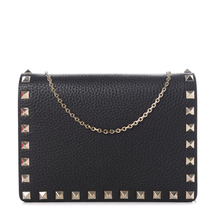Valentino Garavani Pebbled Calfskin Rockstud Wallet on Chain Black 1 of 10