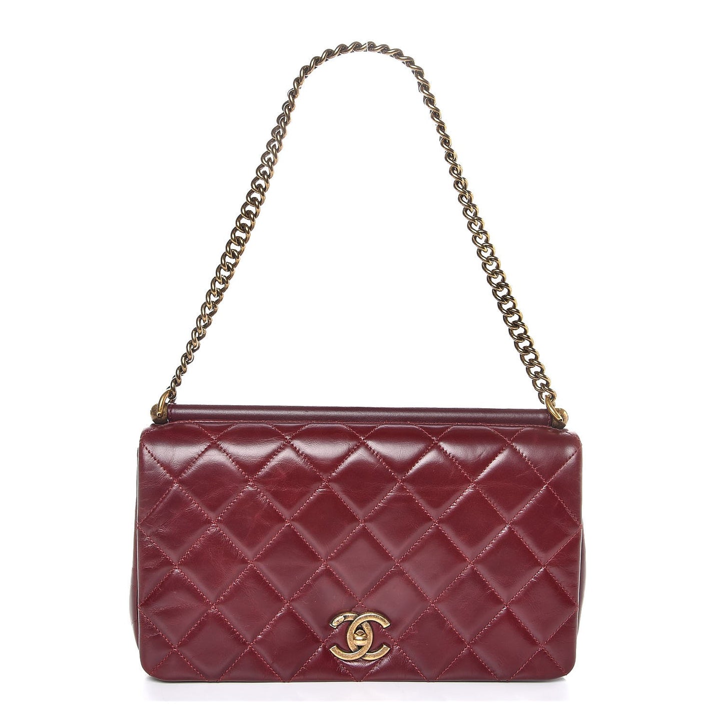 Calfskin Quilted Gold Bar Flap Burgundy