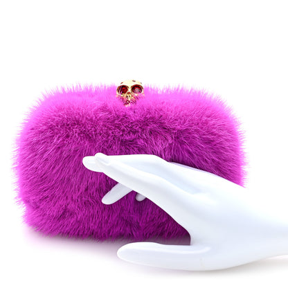 Alexander McQueen Mink Fur Britannia Skull Box Clutch Fuchsia 2 of 9