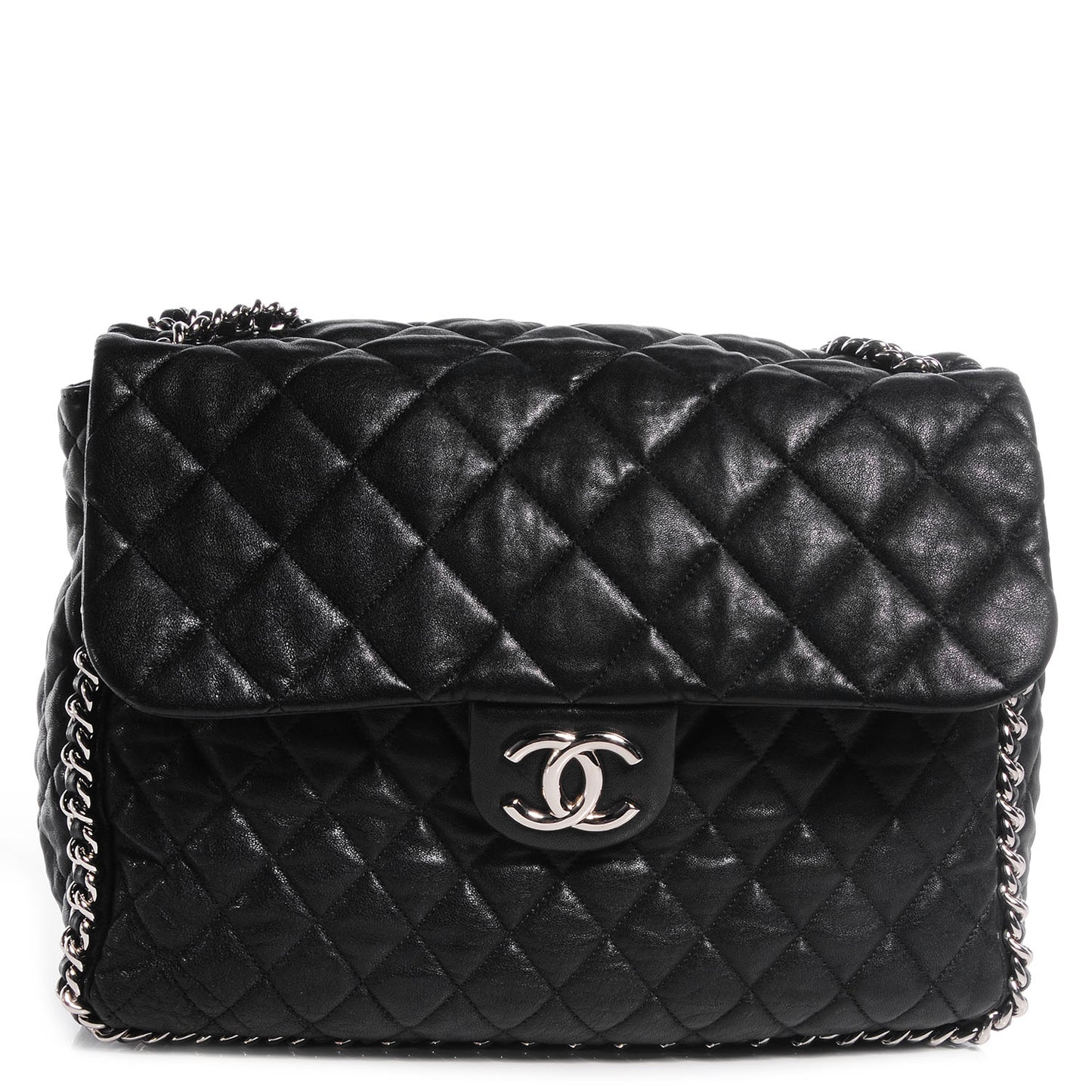 Washed Lambskin Chain Around Maxi Flap Bag Black