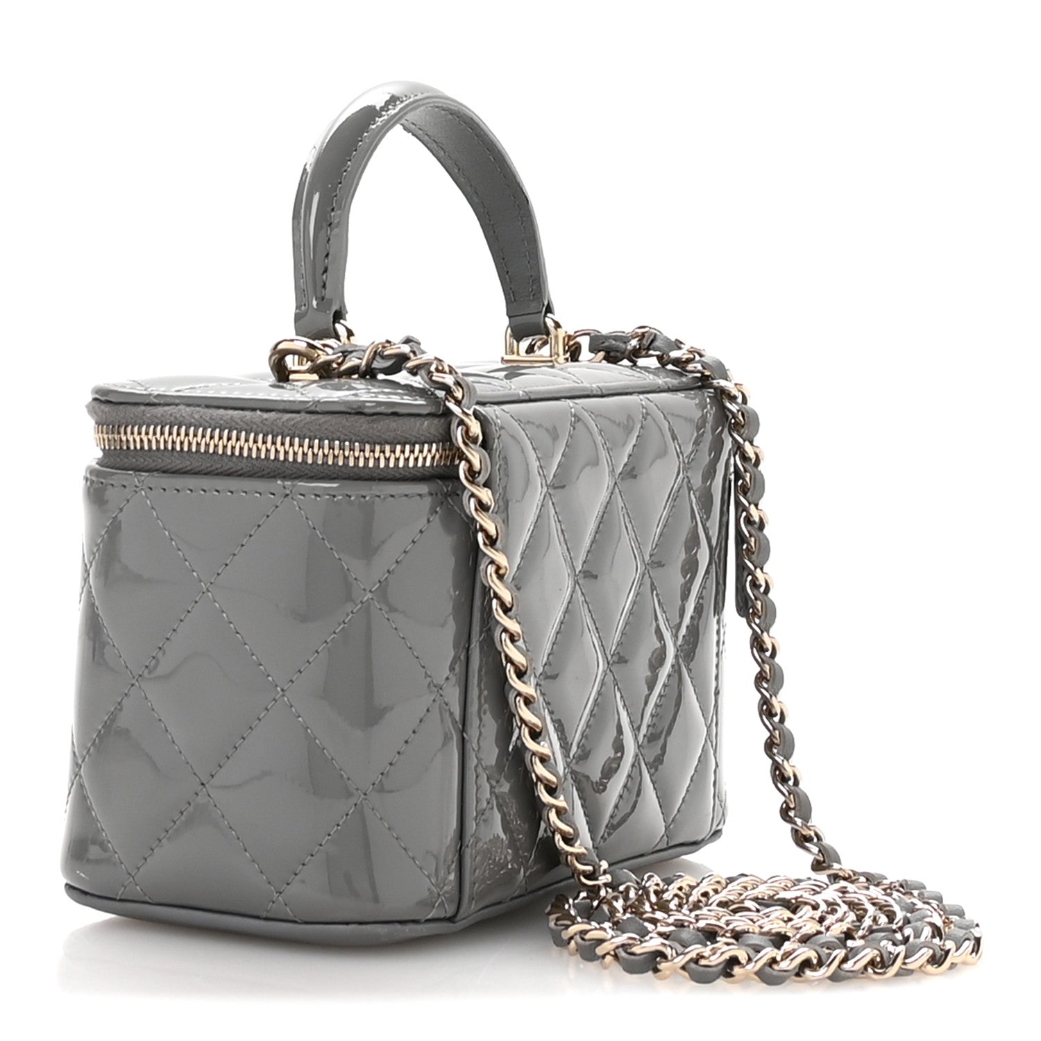 Chanel Patent Quilted Quilted Small Top Handle Vanity Case With Chain Grey 3 of 13