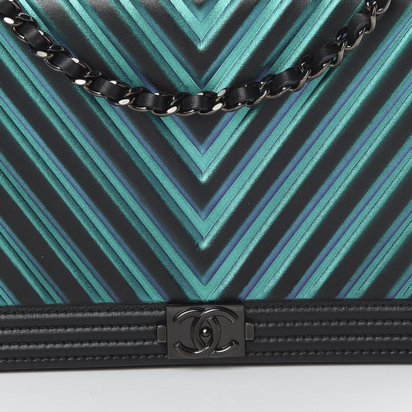 Calfskin Painted Chevron Embossed Boy Wallet On Chain WOC Black