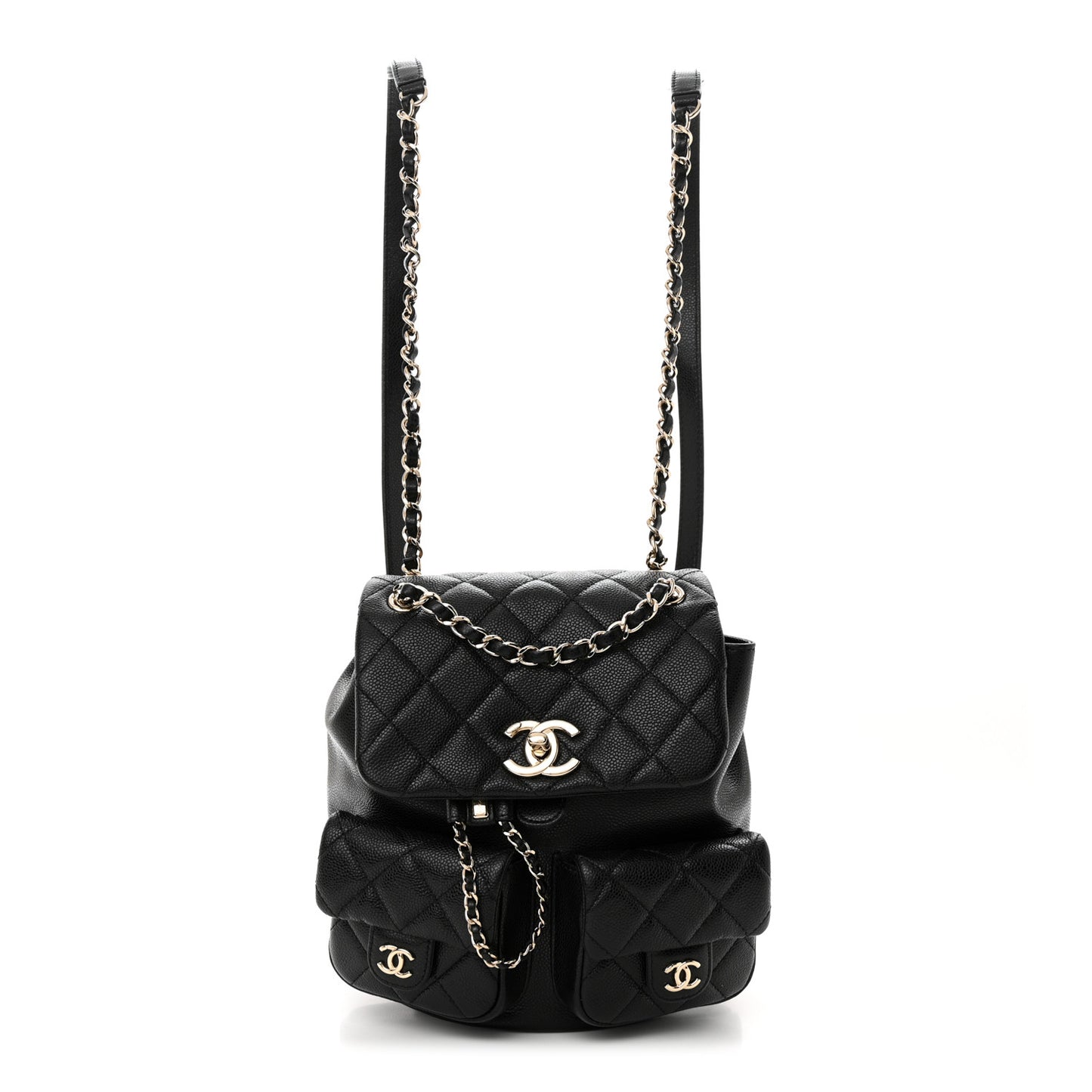 Shiny Caviar Quilted Medium Duma Pockets Drawstring Backpack Black