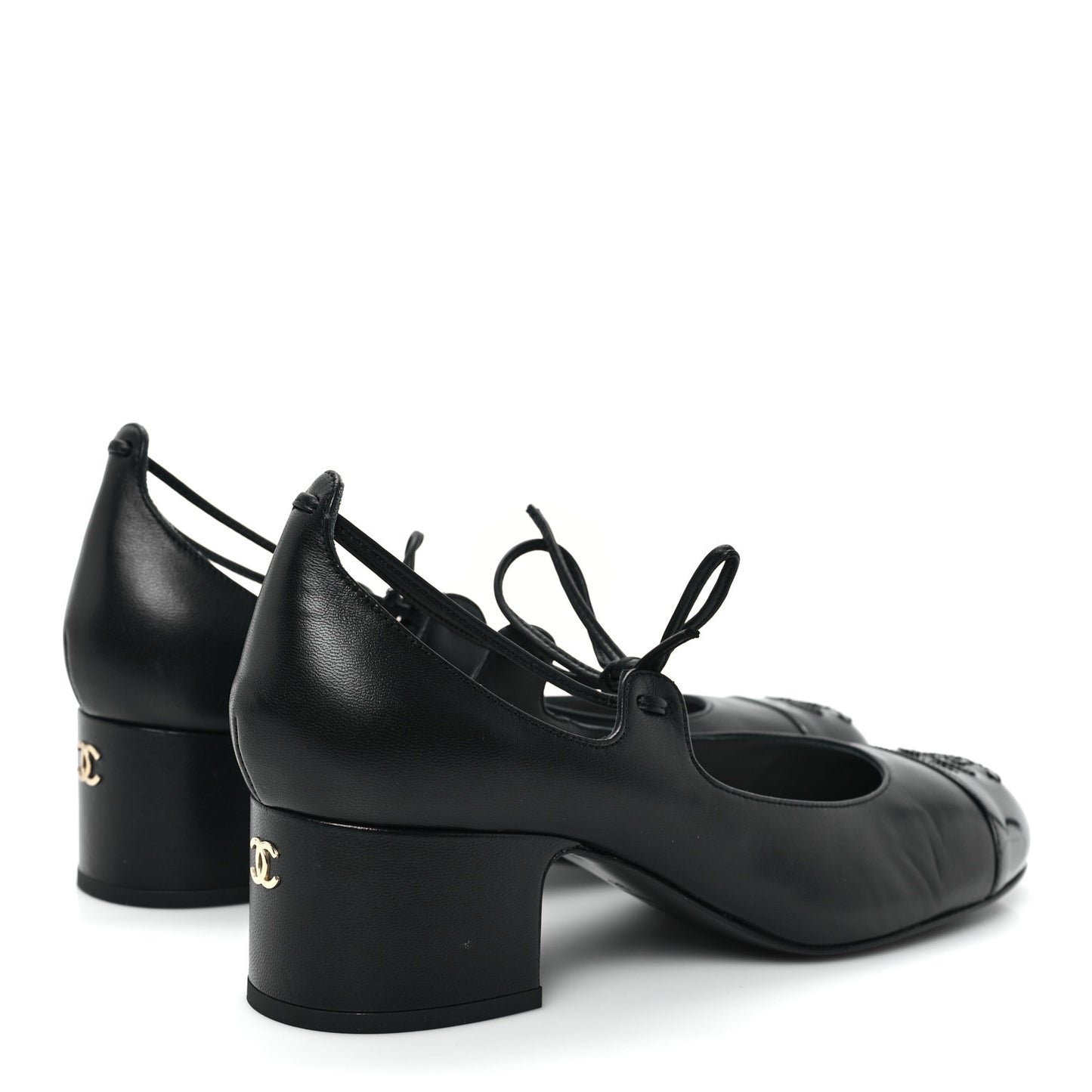 Lambskin Patent Cap Toe CC Mary Jane Pumps 38 Black