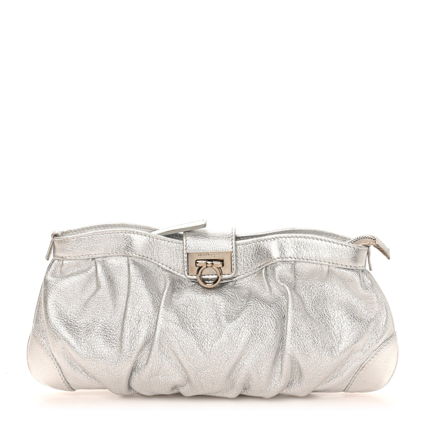 Metallic Calfskin Small Gancini Clutch Silver
