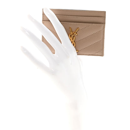 Saint Laurent Grain De Poudre Matelasse Chevron Monogram Credit Card Case Dark Beige 2 of 7