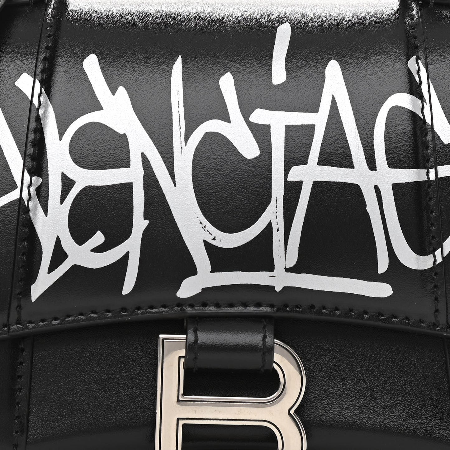 Box Calfskin Graffiti Logo Hourglass Top Handle Bag XS Black Silver