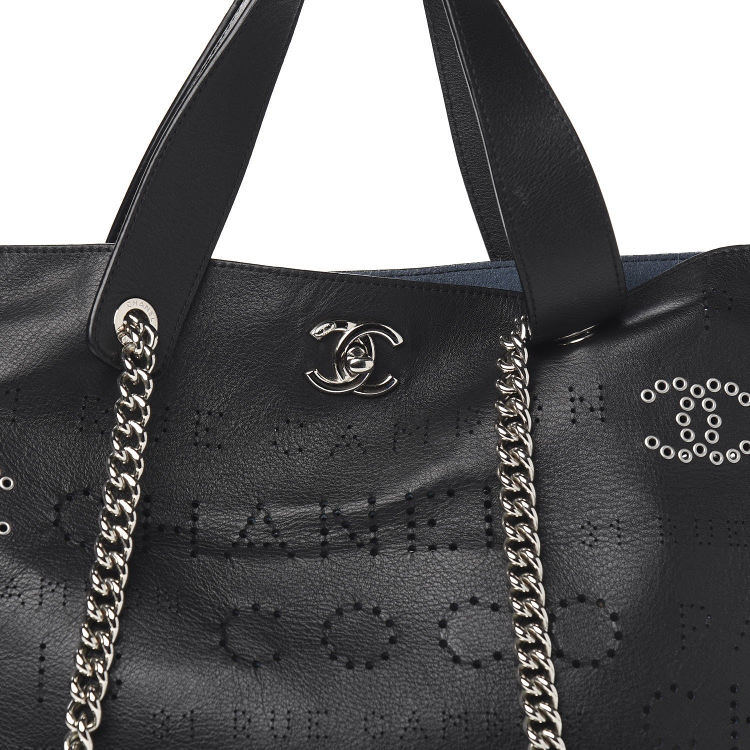 Chanel Calfskin Tweed Small Logo Eyelets Shopping Tote Black 10 of 10