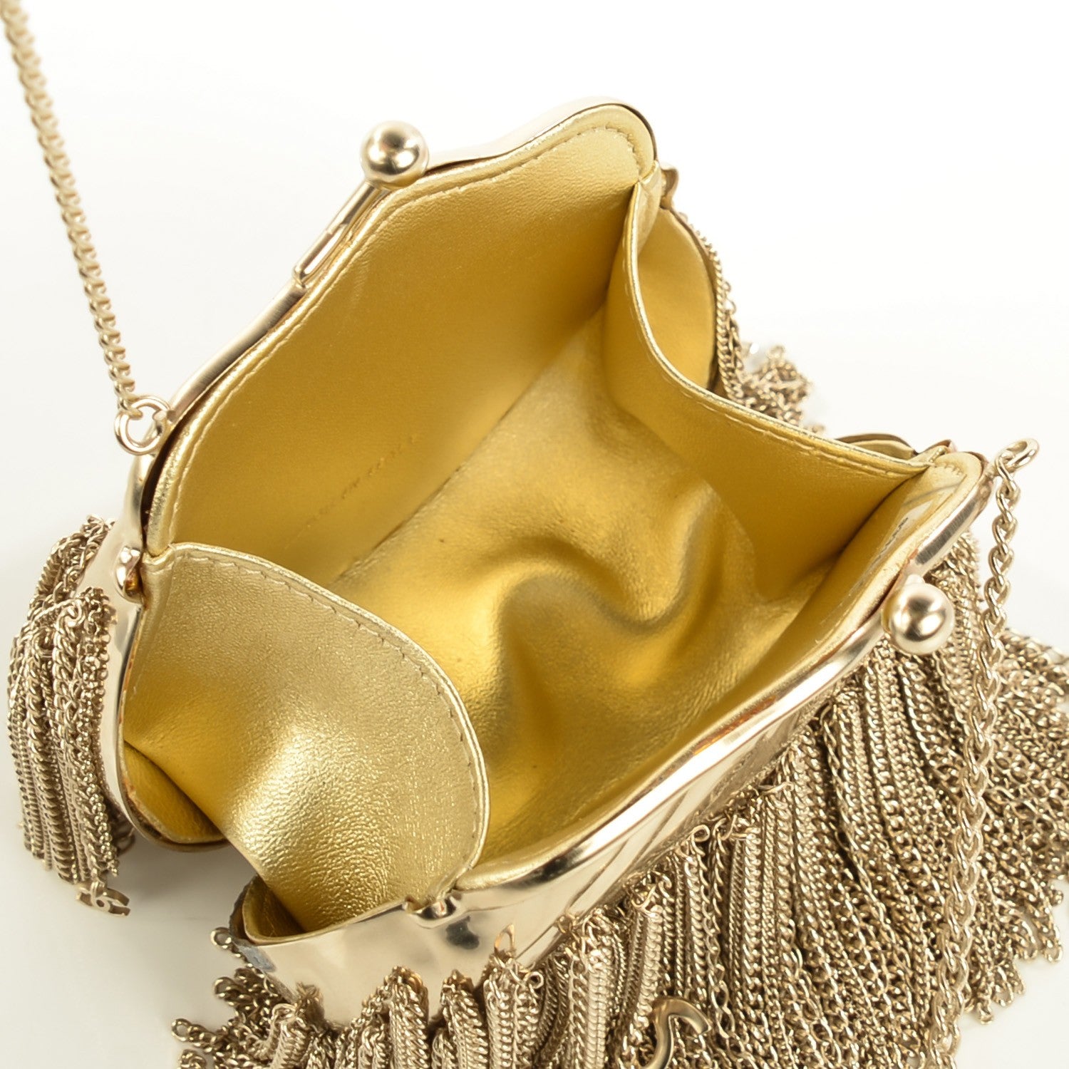 Chanel Metal Kiss Lock CC Chain Fringe Minaudière Clutch Gold 6 of 9