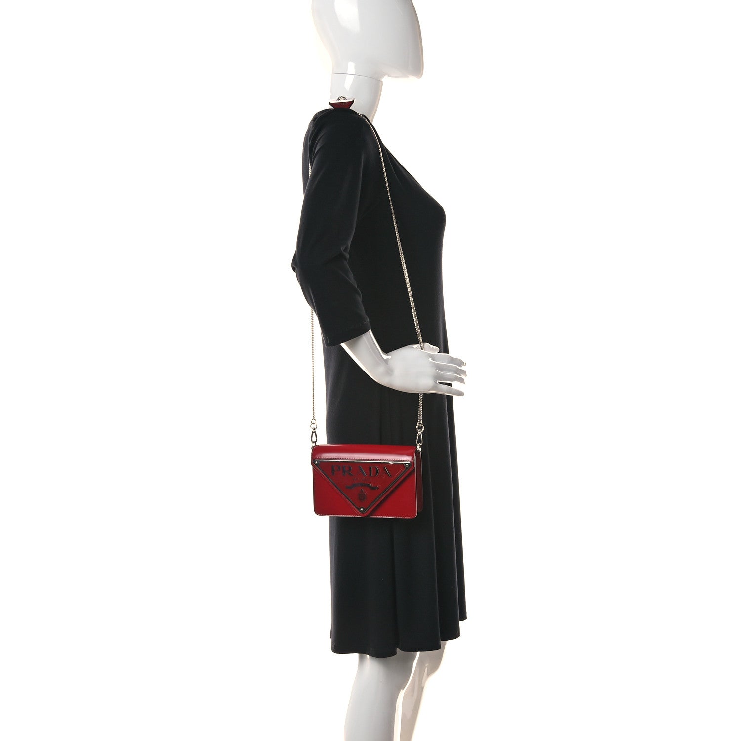 Prada Spazzolato Triangle Logo Plate Flap Chain Crossbody Bag Scarlatto Black 2 of 8