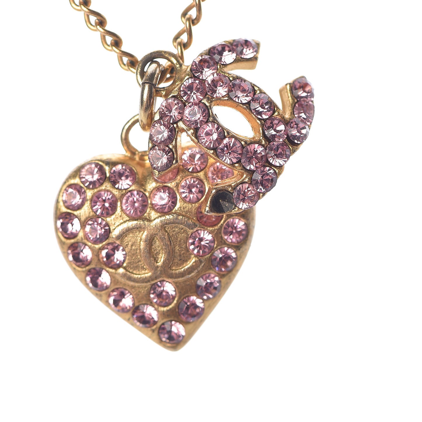 Crystal CC Heart Charm Necklace Gold Pink