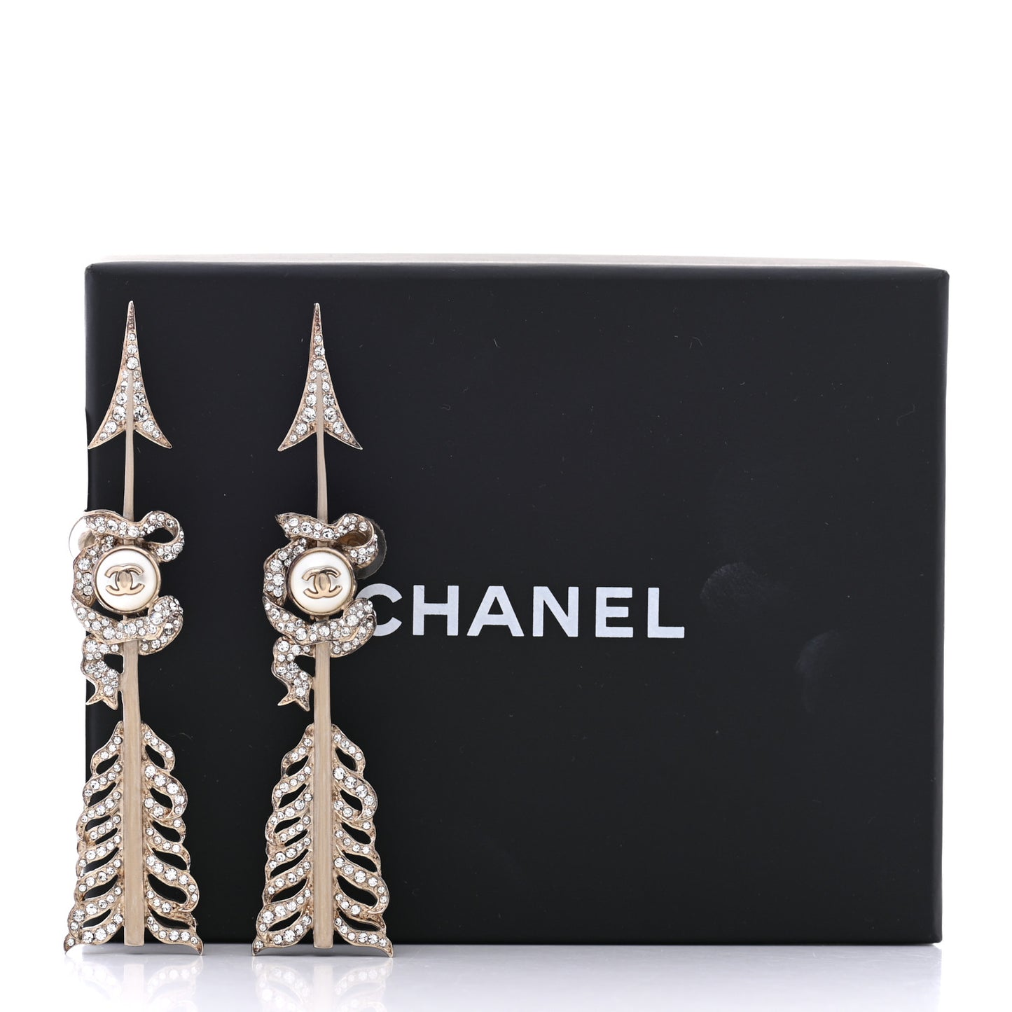 Crystal Pearl CC Arrow Clip On Earrings Gold