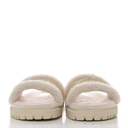 Christian Dior Shearling Canvas Lurex Embroidered Dway 10mm Slide Sandals 40 Natural Platinum 2 of 8