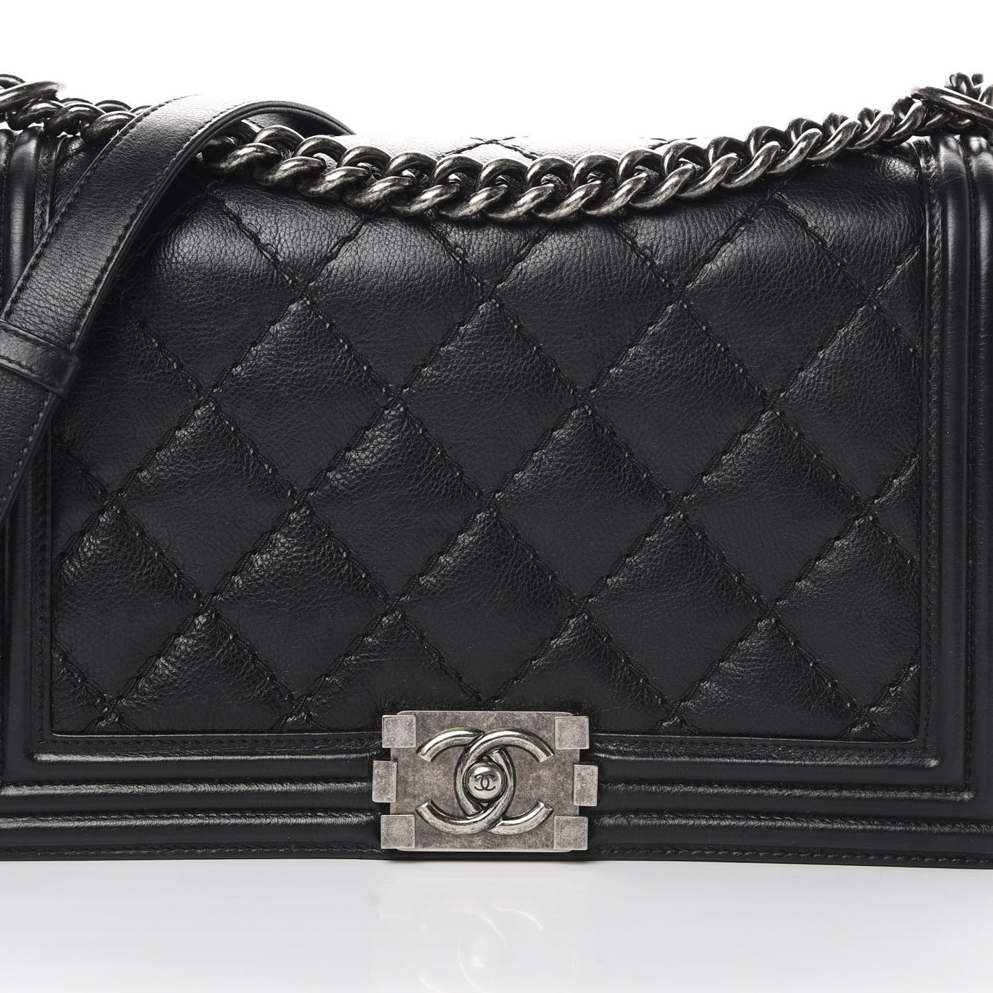 Calfskin Quilted Double Stitch New Medium Boy Flap Black