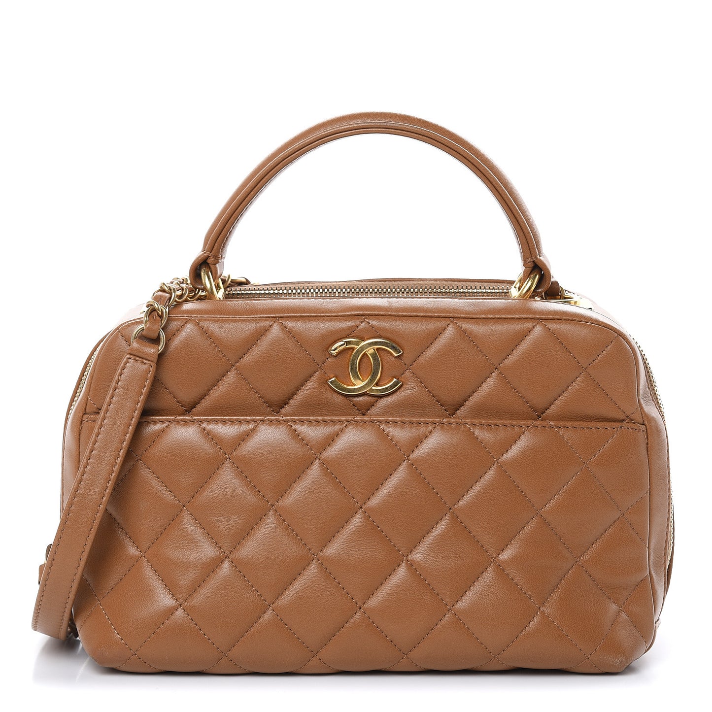Lambskin Quilted Medium Trendy CC Bowling Bag Camel