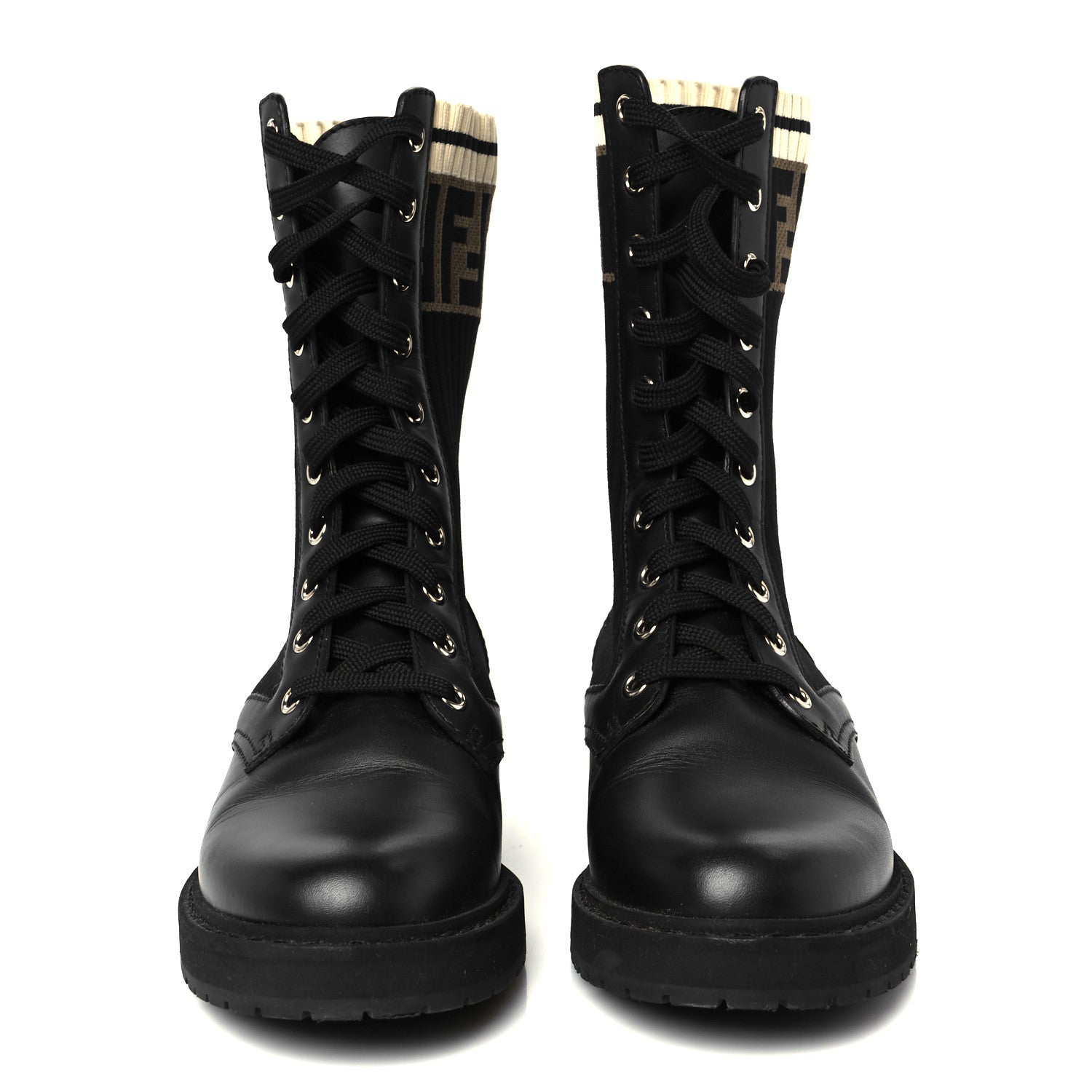 Fendi Calfskin Stretch Fabric Rockoko Biker Boots 36 Tobacco Black
