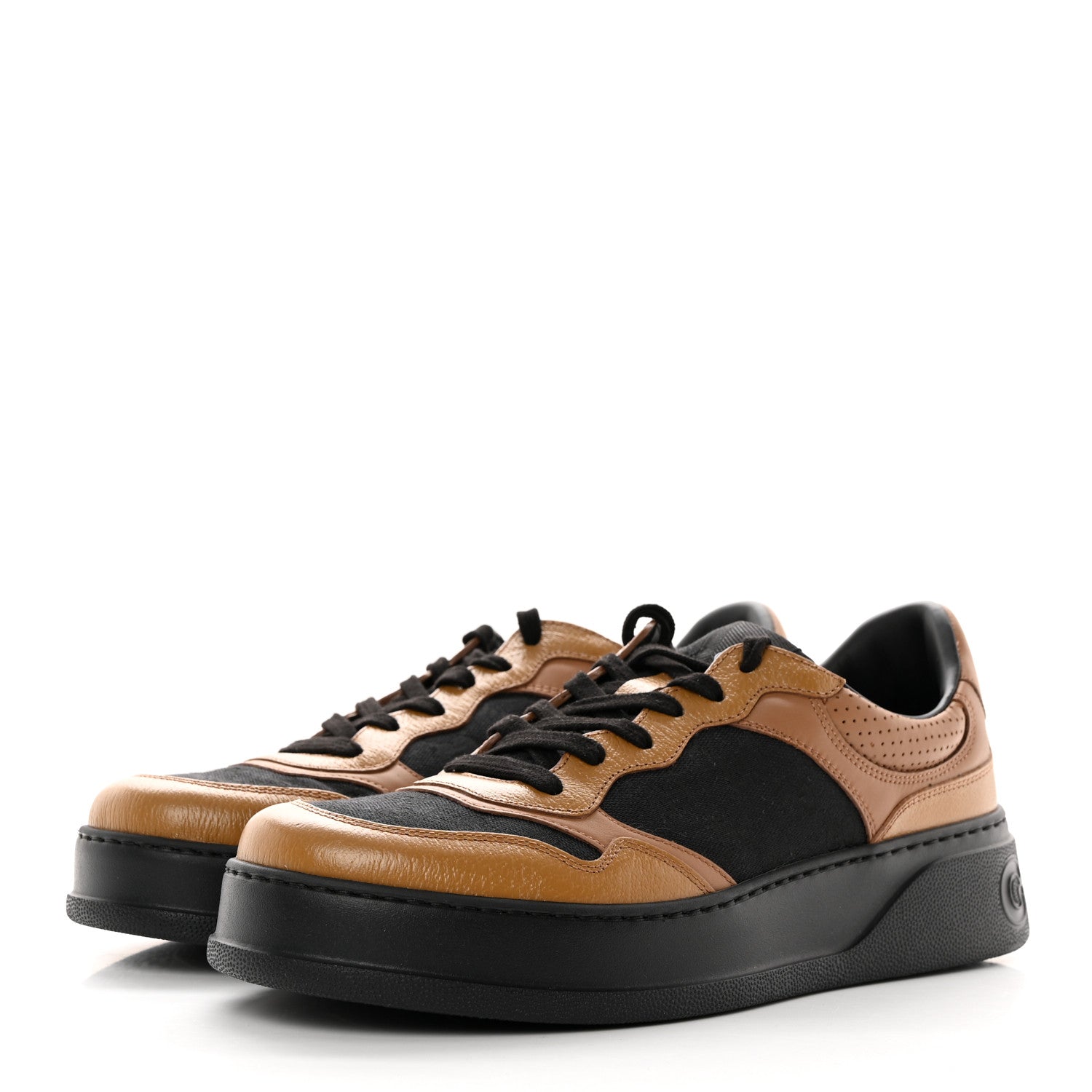 Gucci Textured Dollar Calfskin Monogram Perforated Mens Interlocking G 55mm Sneakers 9 Khaki Beige Black 3 of 11