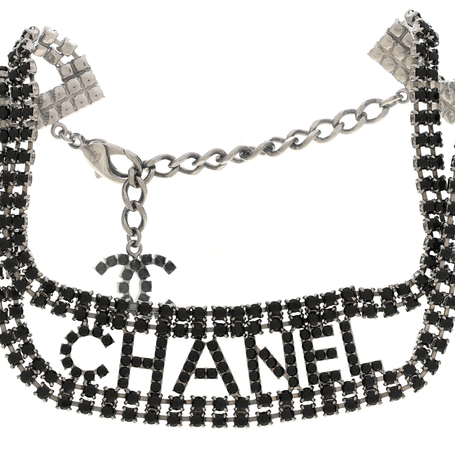 Chanel Crystal CC Logo Choker Necklace Silver Black 1 of 5