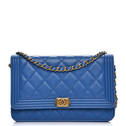 Chanel Lambskin Quilted Boy Wallet On Chain WOC Blue 1 of 9