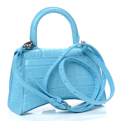 Balenciaga Shiny Calfskin Crocodile Embossed Hourglass Top Handle Bag XS Azur 2 of 4